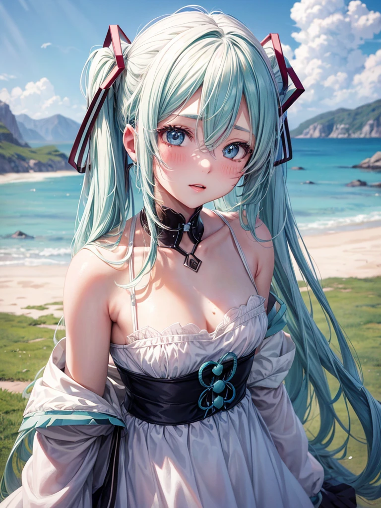 Hot Hatsune Miku、pfotorealistic, Highresolution, 1 woman, white-haired, Korean, Small moles under the eyes,outdoor,  blush, 