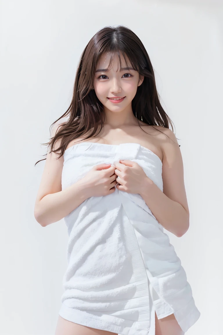 (Highest quality、Tabletop、8K、Best image quality、Award-winning works)、One beautiful woman、(Naked with a bath towel wrapped around her:1.3)、(The simplest pure white background:2)、(Damp Hair:1.1)、(Sweaty, damp skin:1.1)、Brightly lit face、Hot face、Very bright、Ultra-high definition cute face、Ultra high resolution perfect beautiful teeth、Ultra HD Hair、Ultra-high definition moist, shiny skin、Super high quality glossy lips、(Accurate anatomy:1.1)、(Big Breasts:1.1)、(Big cleavage:1.1)、Slender body、(Accentuate your body lines:1.1)、(Accurate anatomy:1.2)、(Perfect beautiful bath towels:1.3)、Staring at me