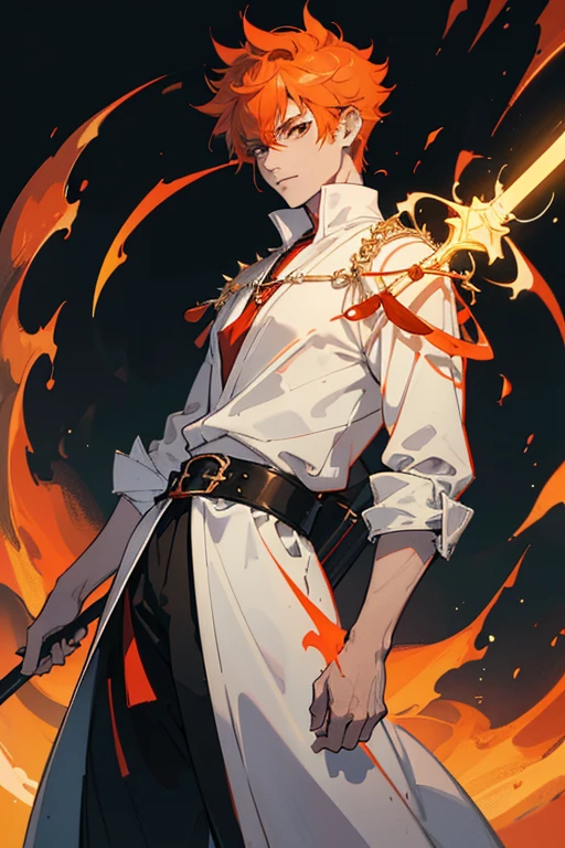 A male vampire sorcerer with short spiky hair that is orange in colour with black highlight, wearing white archmagi robe with a big belt and a pouch on his side, holding a long magic staff and is standing proudly in an empty street, ((Highest Definition, 8k, Masterpiece: 1.3, goodnegativeimage))
