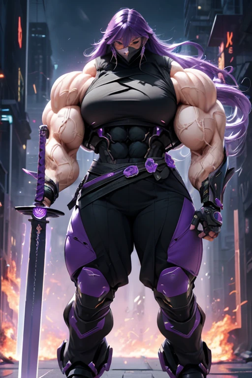 ((((Massive, beautiful, buff, muscular pale white skinned female ninja with violet purple hair, black lipstick, ginormous bulky muscles, holding a violet purple fire sword and wearing a purple cybernetic ninja armor with pants)))), (close view), black eyeliner, massive muscles, large breast, massive biceps, hyper muscle triceps, (long hair with long bangs), black eyes, mask, ninja boots, In a futuristic city, steel ninja armor, nighttime, closed smile, hyper muscles arms, hyper muscle legs, ginormous arms