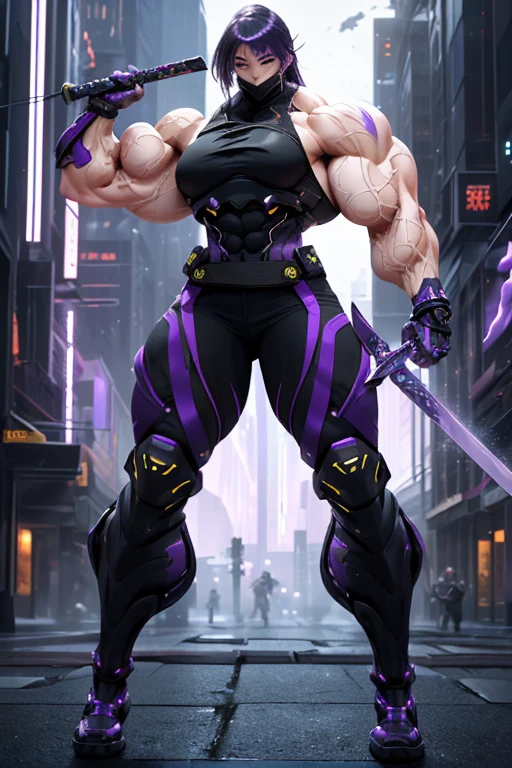 ((((Massive, beautiful, buff, muscular pale white skinned female ninja with violet purple hair, black lipstick, ginormous bulky muscles, holding a violet purple fire sword and wearing a purple cybernetic ninja armor with pants)))), (close view), black eyeliner, massive muscles, large breast, massive biceps, hyper muscle triceps, (long hair with long bangs), black eyes, mask, ninja boots, In a futuristic city, steel ninja armor, nighttime, closed smile, hyper muscles arms, hyper muscle legs, ginormous arms