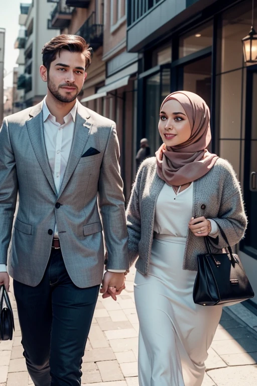 Best quality, high resolution, Masterpiece: 1.3, A Casually Walking Couple, Masterpiece, Warm and affectionate gaze, Realistic, 2people, hijab girl, husband, romantic couple, charming smiles, bright eyes, casual attire, hijab girl in a modern outfit, husband in formal wear, stylish couple, beautiful urban setting, sunny day, detailed background, chic and modern, detailed body, detailed face, charming, cute, long hair, ambient lighting, natural lighting, 8k.
3D Octane rendering, ray tracing, super detailing viewer, mid-shot.