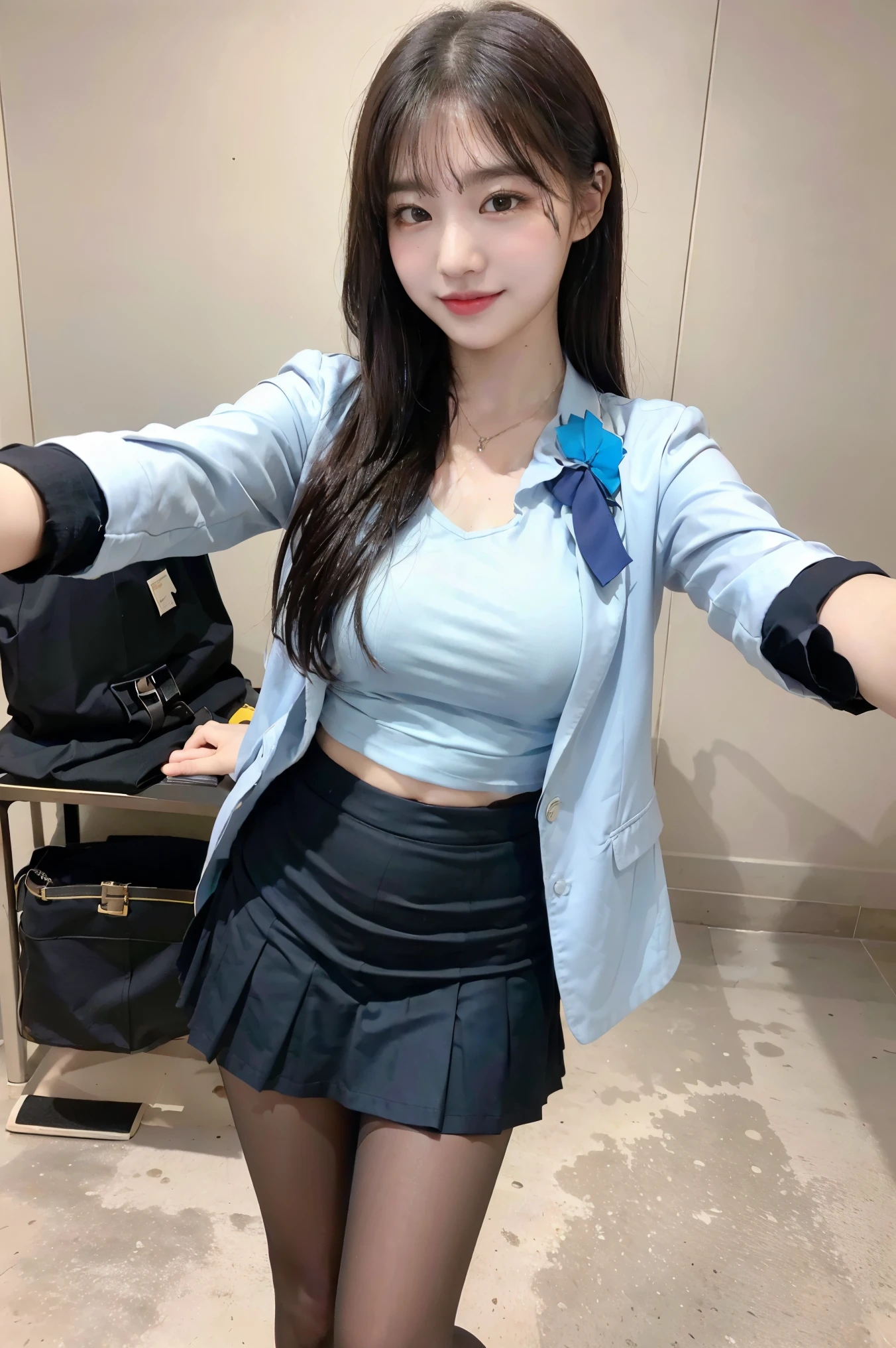 (8k), (highest quality: 1.2), (Realistic), (Realistic: 1.37), Ultra-high resolution, 1 girl, cute, smile, Mouth closed, Beautiful details, Beautiful Nose, whole body, Wet Hair, Giant Dulcefo, pork, Thighs,Selfie,Navel exposed,University Student Uniform,A simple blazer,Pleated skirt,Platform boots,Are standing, natural pantyhose