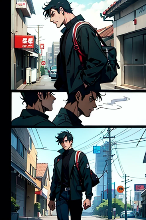  Guy with short black hair smoking and walking, manga page with panels and dialogue  