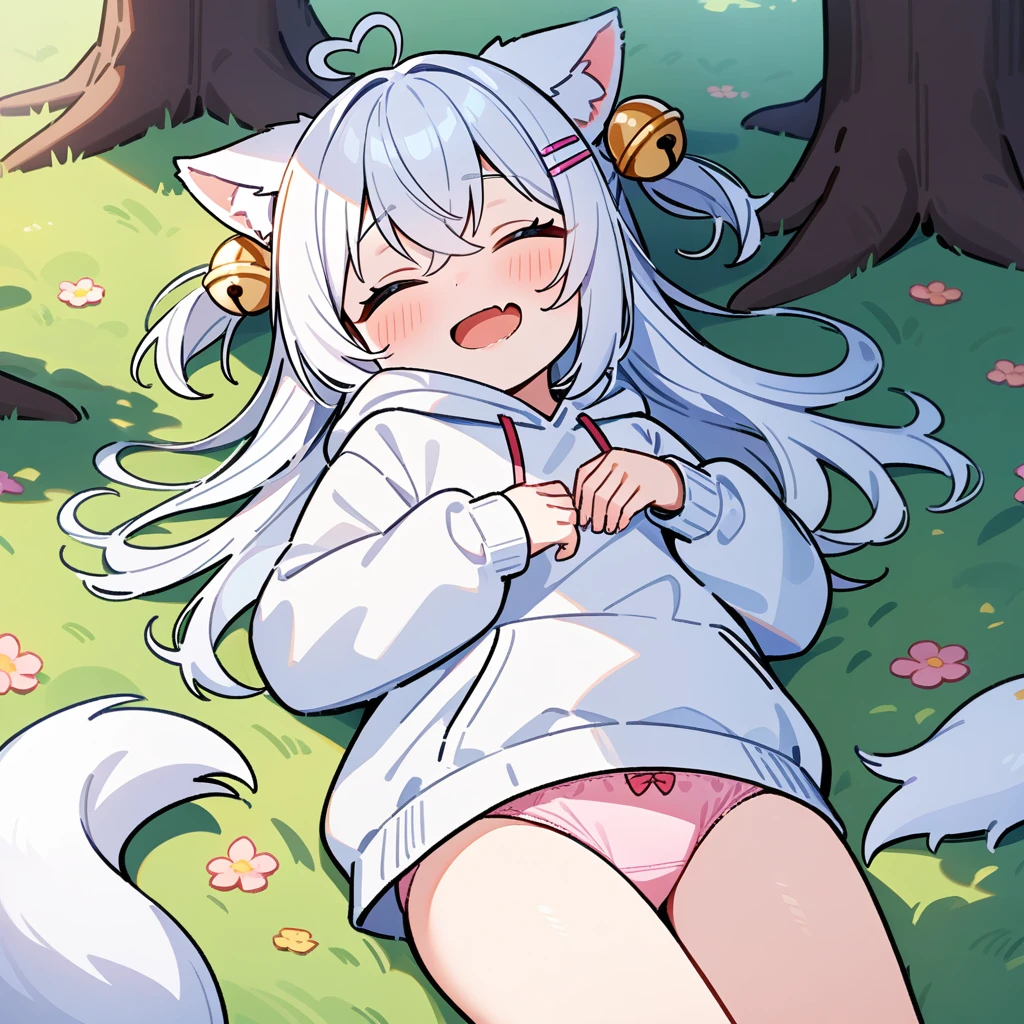 (masterpiece:1.2,high quality),8K,High resolution,A seven-year-old girl,cute girl,white hair,long hair,crossed bangs,hair bell,hairclip,hair two side up,Sleeping,heart ahoge,cat ears,laughing,skin fang,saliva,Wear a white hoodie,no shorts,pink panties,Bows on panties,Lying in the forest,There are flowering trees on both sides,primary school student,thigh,Calf,Blue socks,fox tail,alone,(Put your hands in your pockets)