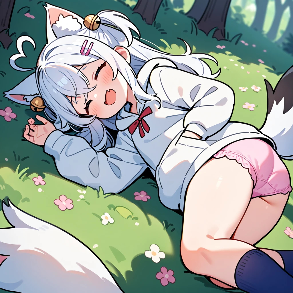 （masterpiece：1.2，high quality），8K，High resolution，A -year-girl，e girl，white hair，long hair，crossed bangs，hair bell，hairclip，hair two side up，Sleeping，heart ahoge，cat ears，laughing，skin fang，saliva，Wear a white hoodie，no shorts，pink panties，Bows on panties，Lying in the forest，There are flowering trees on both sides，primary schoBlue socks，fox tail，alone，（Put your hands in your pockets）