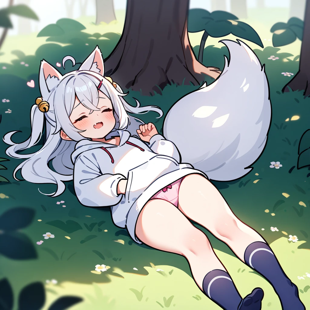 (masterpiece:1.2,high quality),8K,High resolution,A seven-year-old girl,cute girl,white hair,long hair,crossed bangs,hair bell,hairclip,hair two side up,Sleeping,heart ahoge,cat ears,laughing,skin fang,saliva,Wear a white hoodie,no shorts,pink panties,Bows on panties,Lying in the forest,There are flowering trees on both sides,primary school student,thigh,Calf,Blue socks,fox tail,alone,(Put your hands in your pockets)