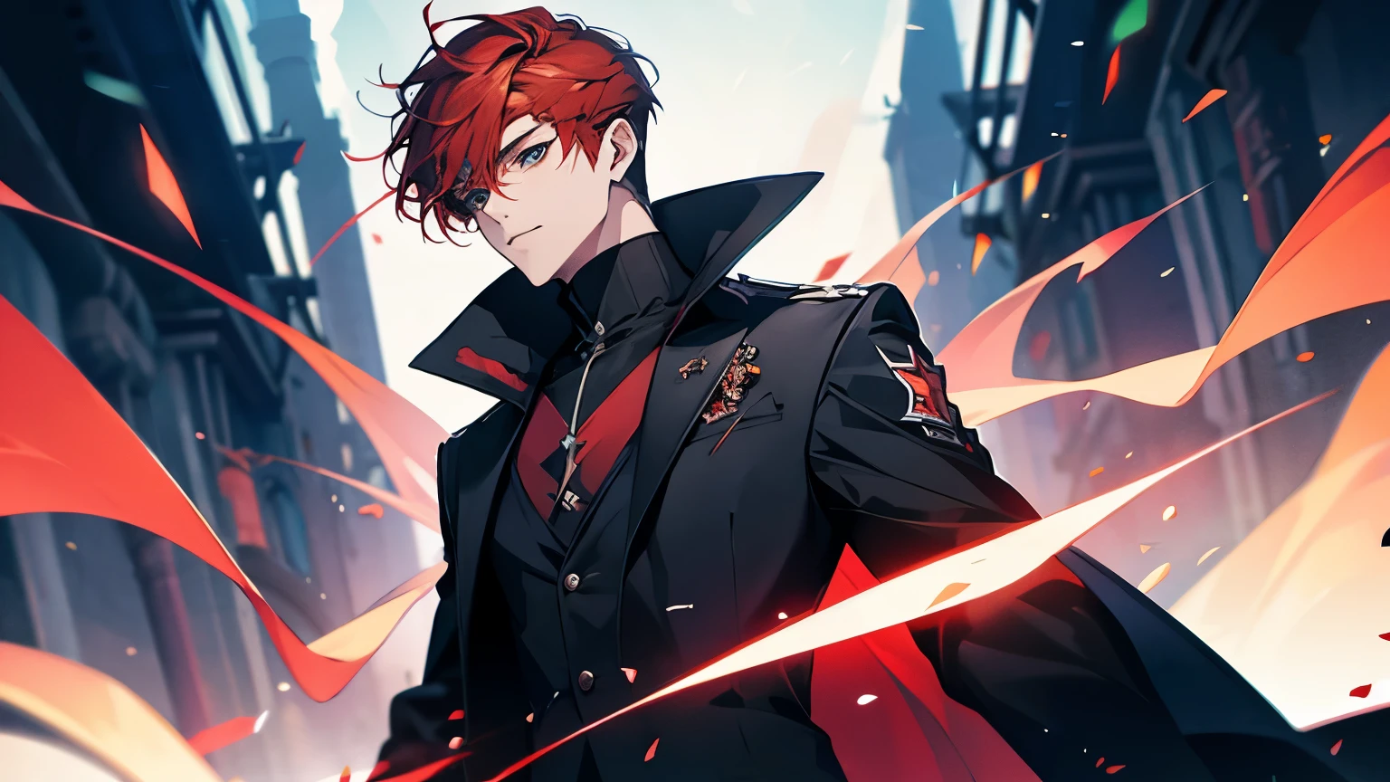 1 boy, red hair , Hip black clothes and black pants, colorful graphics, gorgeous work