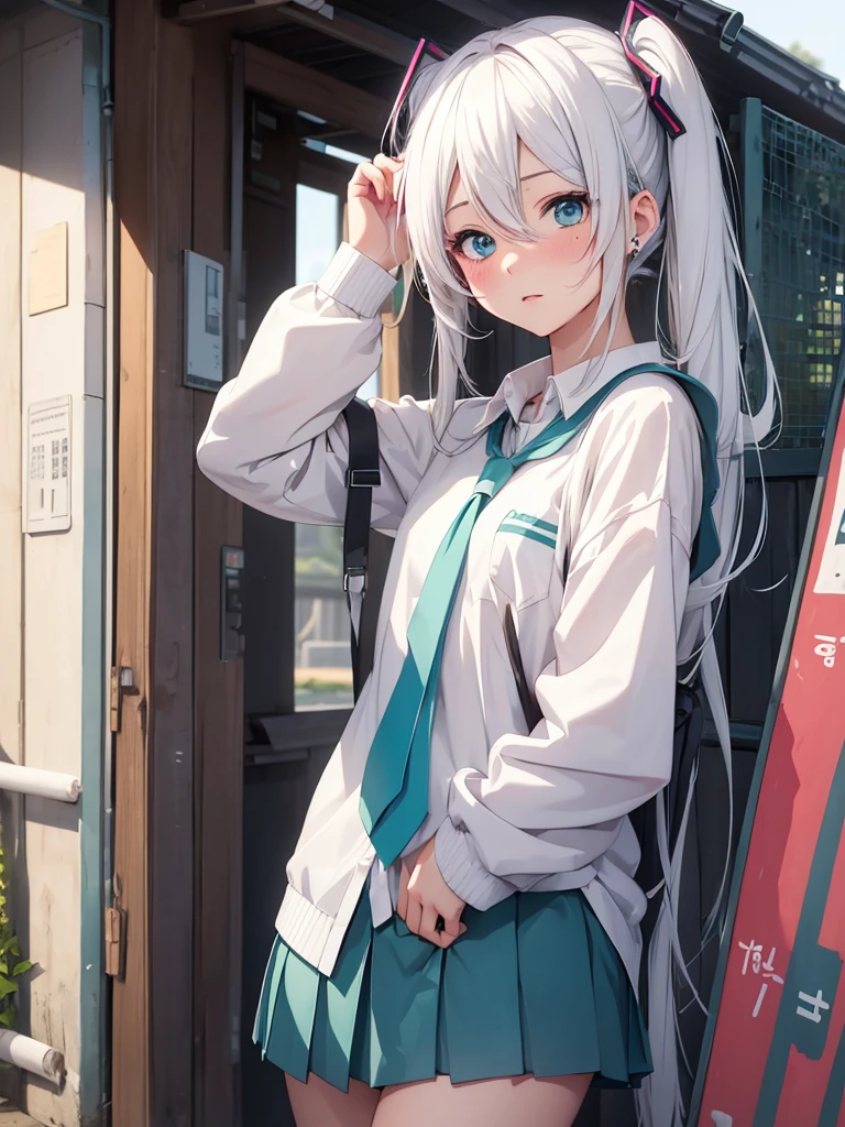 Hot Hatsune Miku、pfotorealistic, Highresolution, 1 woman, white-haired, Korean, Heterochromia eyes, Small moles under the eyes,outdoor, blush, school wear