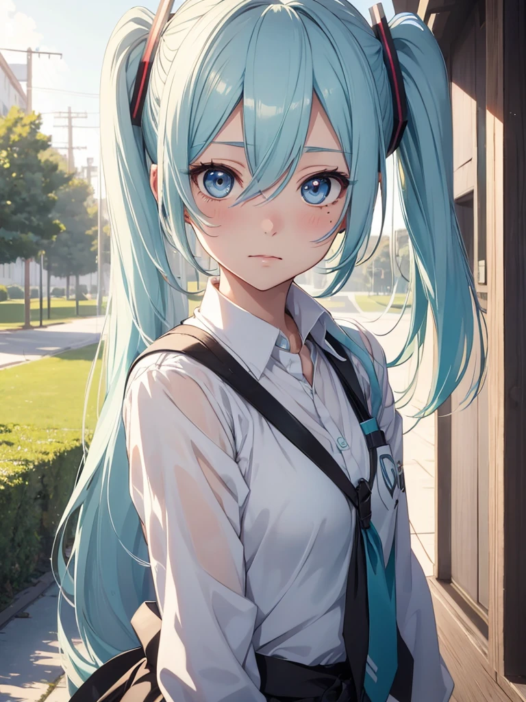 Hot Hatsune Miku、pfotorealistic, Highresolution, 1 woman, white-haired, Korean, Heterochromia eyes, Small moles under the eyes,outdoor, blush, school wear