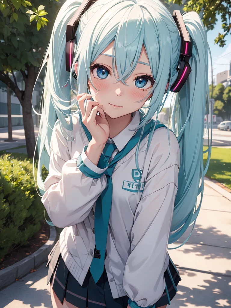 Hot Hatsune Miku、pfotorealistic, Highresolution, 1 woman, white-haired, Korean, Heterochromia eyes, Small moles under the eyes,outdoor, blush, school wear