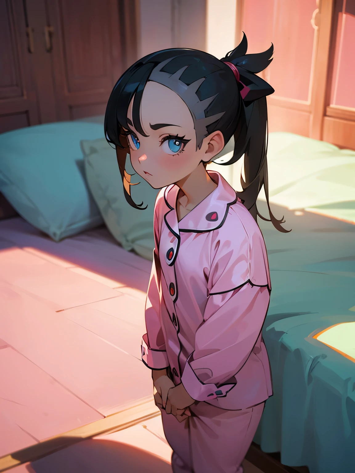 solo 1girl, (marnie pokemon), ((masterpiece)), ((high resolution)), ((best quality)), extremely fine and beautiful, super fine illustration, (realistic skin), (insanely detailed anime eyes), detailed face, vivid and beautiful, shocking sensation, incredibly detailed, beautiful detailed girl, front view, facing at viewer, profile, perfect shadow, realistic lighting shaded, (black hair), ((child)), (small breast), (pyjama), (pyjama party), (pink room), (cute pyjama), (bunny)