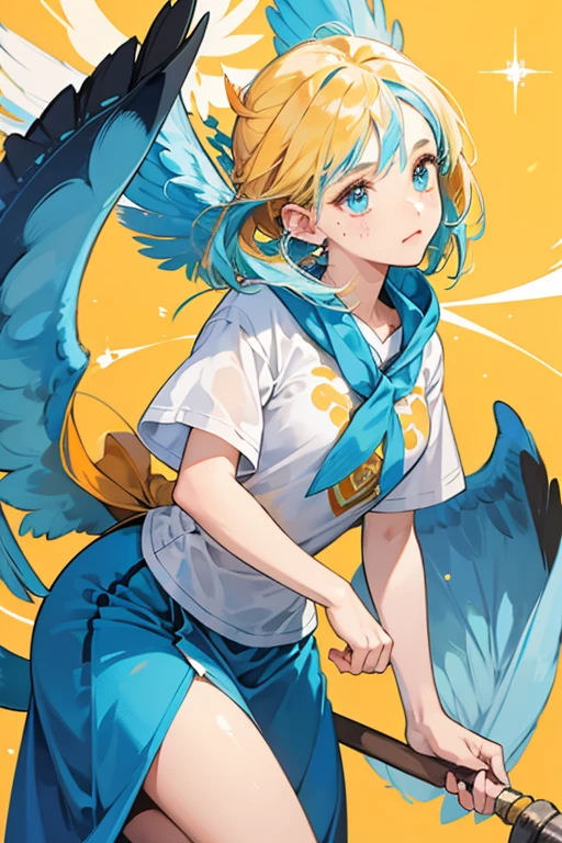 SHE is a blue GIRL bird with cream-colored patches on hER face,  and wings. HER tail also has a yellow stripe. SHe has half-closed, beady eyes that make hER look bored, and orange cheeks. HER beak and feet are yellow. SHe initially wears the spade shirt , or the kung-fu tee SPARKLE; GLITTER