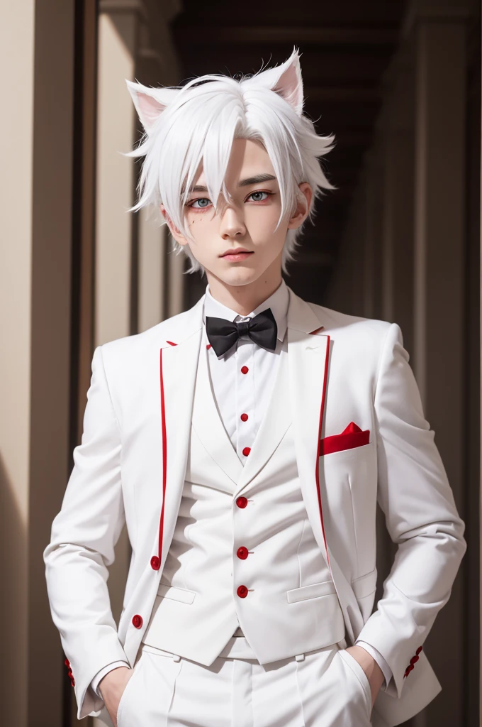 Anime boy with red eyes white hair white suit and cute ears