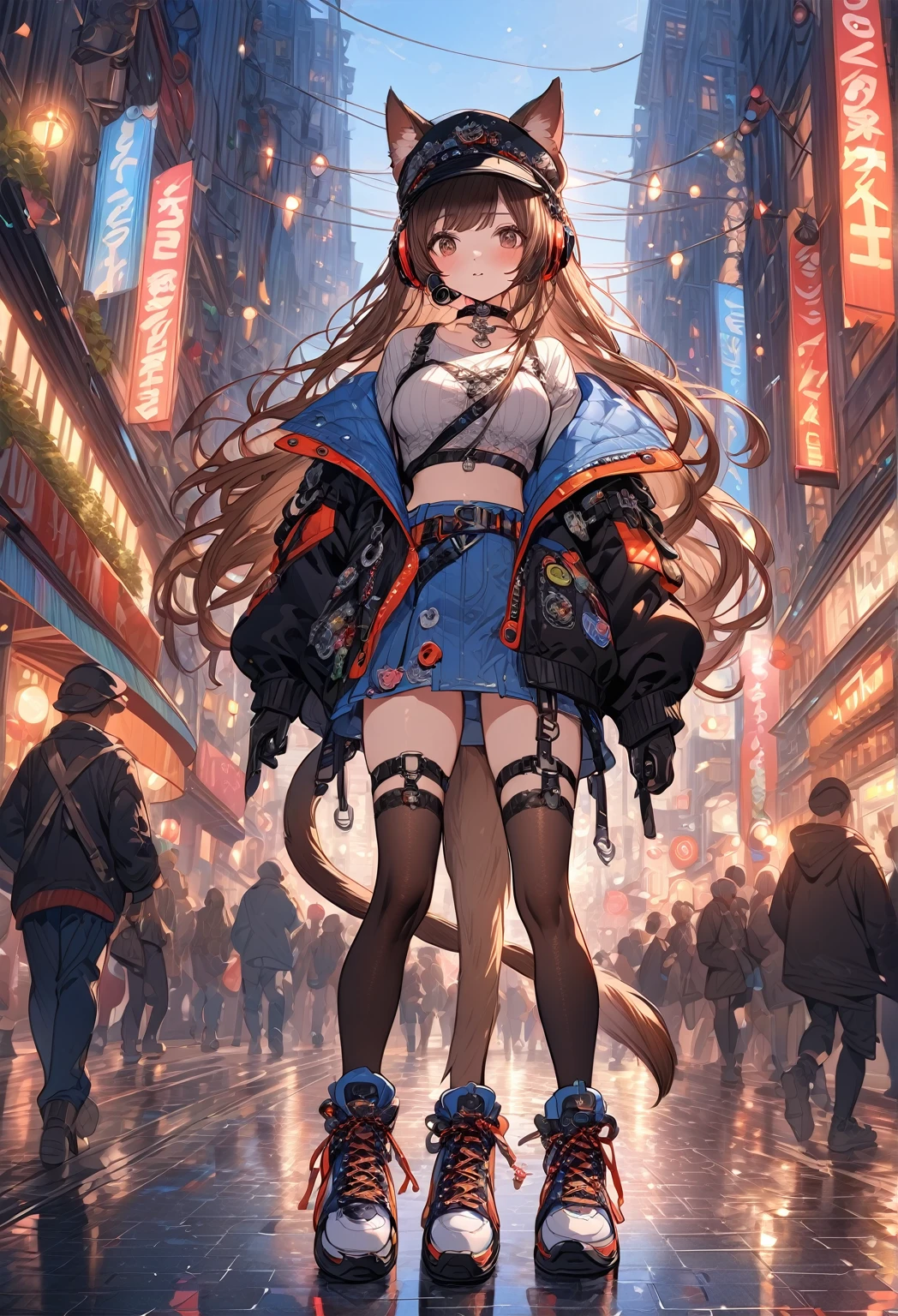 ((masterpiece:0), best quality, very aesthetic, newest, absurdres, detailed, high quality)
BREAK
highest quality, top quality, details, highres, ultra fine painting, digital art, official art, cinematic, 4k, 8k resolution, 8K CG wallpaper, CG, original artwork, detailed background, colorful background, blue atmosphere, High Dynamic Range, blurry background, blue hour, Starburst effects, crepuscular rays, good ISO, high resolution, wide shot, from far away, RAW photo, POV, sharp focus, light reflection, reflections, intricate details, soft light, particle noise, professional photography, bokeh, depth of field, natural lighting, vibrant colors, looking away, detailed lights and shadows, stylish, ultra-detailed, top rated on Pixiv, trending on Artstation, niji style, modern-days, master crafted, pose
BREAK
solo, 1girl, pale skin, correct fingers, detailed hair, (medium big breasts:1.2), big thighs, short torso, short body, flushtered, blush, anxious expression, casual, slim, ((cute, childlike face):1.3), nice hips, nice body, brown hair, (long flowing hair:1.1), big 2 buns hairstyle, long bangs, long hair, middle hair bangs, brown eyes
BREAK
((colorful outfit), off shoulder crop top, short skirt, headphone, jacket, casual cap, belts, straps, choker, gloves, boots, (stockings), garterbelt, accessories, outfit ornaments, sneakers, kemonomimi, 1 tail, correct tail, (full body)) 
BREAK
a person walking down a street with a crowd of people, crowded street, crowded streets, in front of a large crowd, giant crowd, girl walking through city, people walking down a street