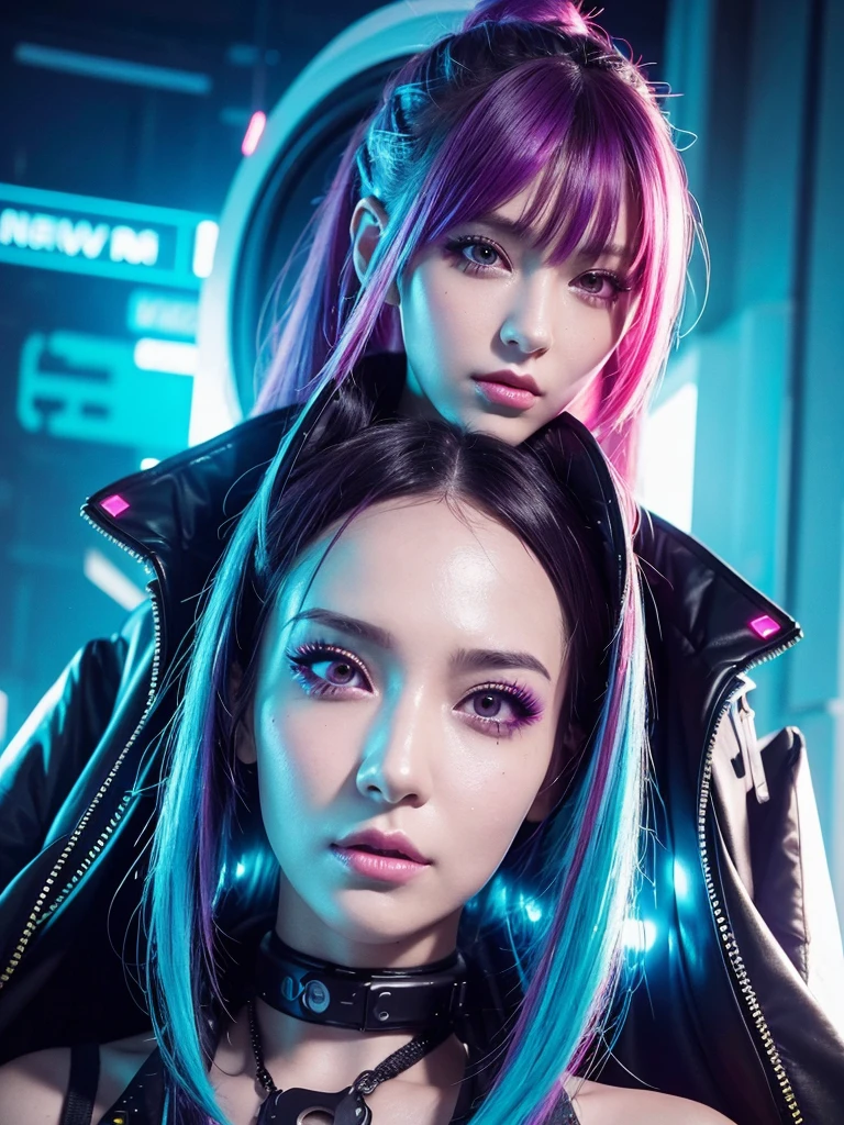 Close up of woman with neon hair and futuristic outfit, dreamy cyberpunk girl, Cyberpunk art style, Bright cyberpunk glow, Beautiful cyberpunk girl face, cyberpunk girl portrait, digital cyberpunk animation art, Cyberpunk Vibrant Colors, cyberpunk art style, Digital Cyberpunk - Animation Art, cyberpunk atmosphere, Cyberpunk-themed art, glowwave girl portrait, cyberpunk anime girl, cyberpunk beautiful girl