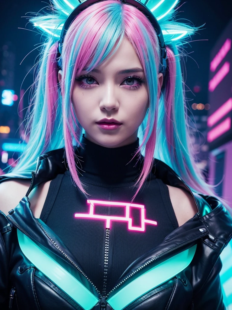 Close up of woman with neon hair and futuristic outfit, dreamy cyberpunk girl, Cyberpunk art style, Bright cyberpunk glow, Beautiful cyberpunk girl face, cyberpunk girl portrait, digital cyberpunk animation art, Cyberpunk Vibrant Colors, cyberpunk art style, Digital Cyberpunk - Animation Art, cyberpunk atmosphere, Cyberpunk-themed art, glowwave girl portrait, cyberpunk anime girl, cyberpunk beautiful girl