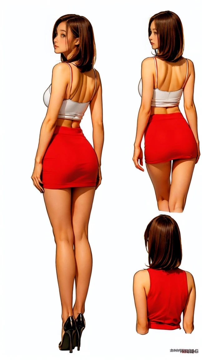 ((masterpiece)),(((Highest quality))),((Reference Sheet, Character Design)),  (Very slim:1.4),  (Very small ass:1.4), Realistic buttocks, Medium chest，Short Bob, Thin thighs, Long legs,1 Girl，expensive，Long legs，Red Lip Big Wave，Royal Sister Fan，Fashionable clothes，Tight Bottom Skirt，High heels，Outdoor during the day，ウォーキングStreet，Street，Super cool