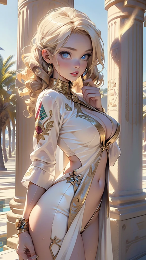 woman from ancient Egypt,1female,((milf,mom,mature,mature woman,45 years old female,adult)),(priestess),bad-girl,mature female,

(large breasts:1.5),saggy breasts,(((((curly blond hair,blonde hair:1.1)),((mid-riff)),colored inner hair))),(((blue_eyes:1.3))),intricate eyes,beautiful detailed eyes,symmetrical eyes,((((lustrous skin:1.5,bright skin: 1.5,skin tanned,shiny skin,very shiny skin,shiny body)))),(spider lower abdomen,narrow waist,wide hip,bimbo body,inflated legs,thick thighs),(((detailed face))),beautiful detailed lips,

(cute,slutty,sensual,seductive look,seductive,((erotic)),opulent,sumptuous,((nsfw))),

revealing clothing,show skin,cleavage,(barefoot,),princess,goddess,beautiful white clothes: 1.3,fantasy,((white silk:1.3)),(robe top),navel,slight abs, white priestess robes,golden ornaments,((eyeshadow,egyptian makeup,eyelid makeup,gold lips,gold lipstick)),(((Transparent cloth,wet clothes,intricate outfit,embroidered outfit,ornate outfit,intricate clothes,embroidered clothes,ornate clothes))),

dynamic and seductive pose,looking at viewer,(embarrassed),centered,scale to fit dimensions,Rule of thirds,

outdoors,pillars,((pillars background,egyptian palace,egyptian palace background,pyramids in the background)),scenery,extremely scenery,(puddles everywhere,moss,moss on the background), Egypt style,Egypt castle,lily pads,palms,(sunset, golden hour),

(Glossy Egyptian ornaments),highres,sharp focus,(ultra detailed,extremely detailed),(photorealistic artwork:1.37),(extremely detailed CG unity 8k wallpaper),(((vibrant colors,vibrant theme))),(intricate),(masterpiece),(best quality),artistic photography,(photography taken by sldr),(intricate background),perfect rendered face,perfect face details,realistic face,photo realistic,((intricate detail)),(((realism))),

