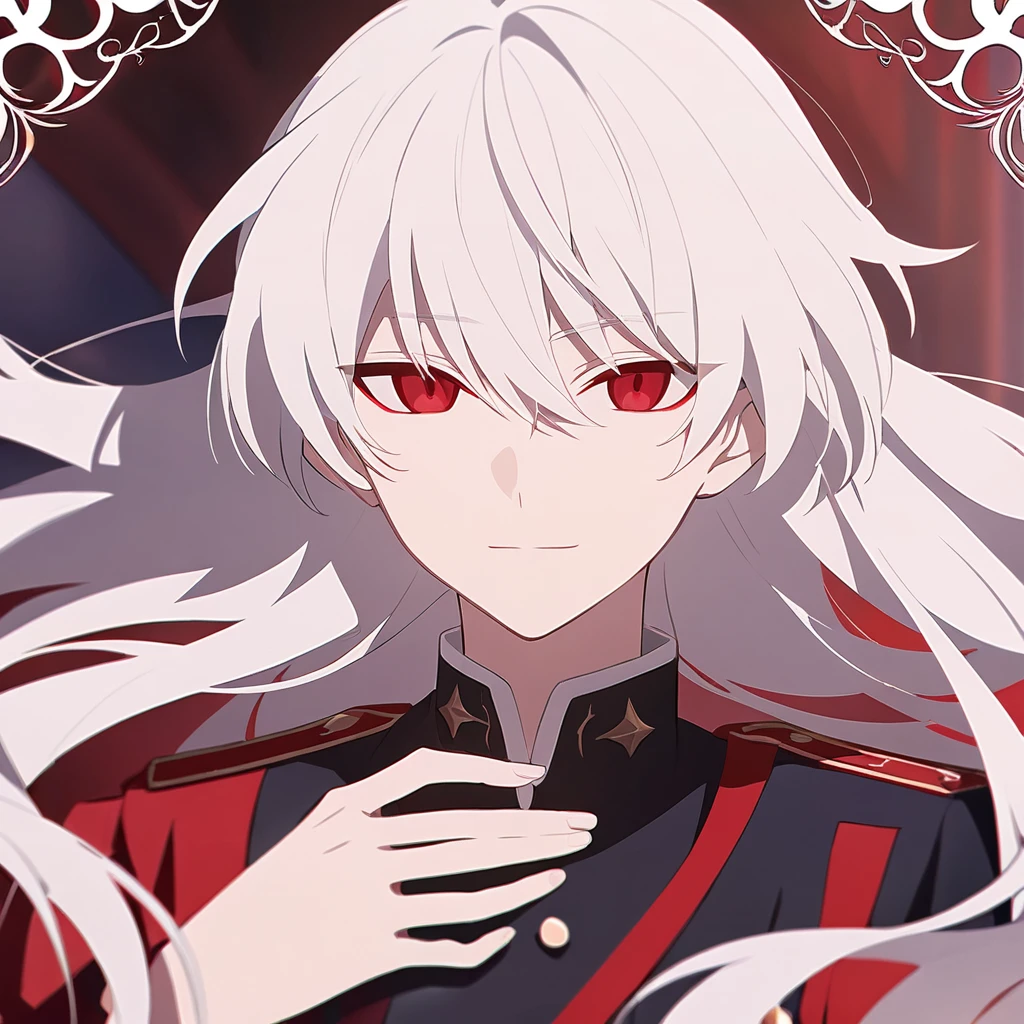 Noble white hair and red eyes. He is 17 years old and a member of the orphanage 