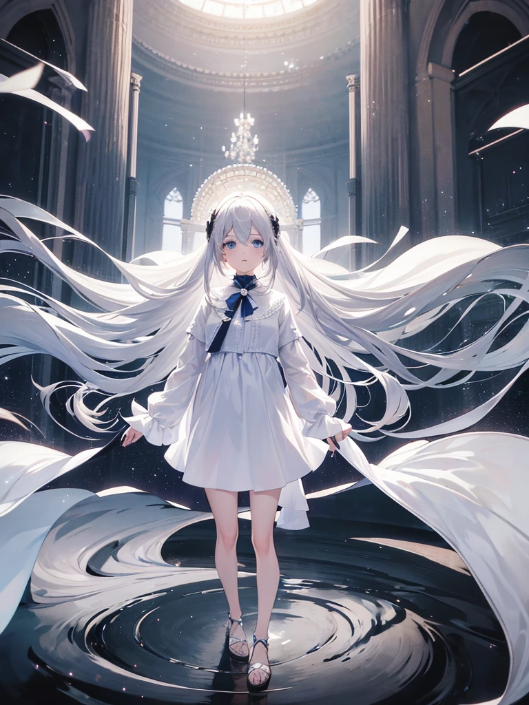 Silver haired girl with big , posing for a picture, standing, 4k, half body image, white closed dress, blue eyes, perfect fingers two hand, perfect eyes, unseductive anime girl, hijab