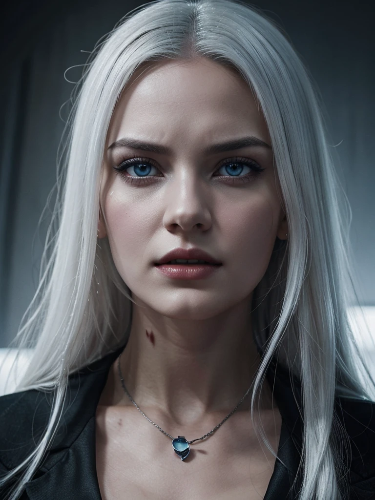 I want a movie release poster with a beautiful woman with snow-white hair, light blue eyes, white skin, she is in front with a serious and determined expression as if she were a villain like the one from Hell Girl from 2011, the background is black and has some houses in the middle of the night add the title Garota Infernal author igor Santos & Aline venzke visionary studios make the theme darker add some blood like a vampire make her lips wider more dynamic