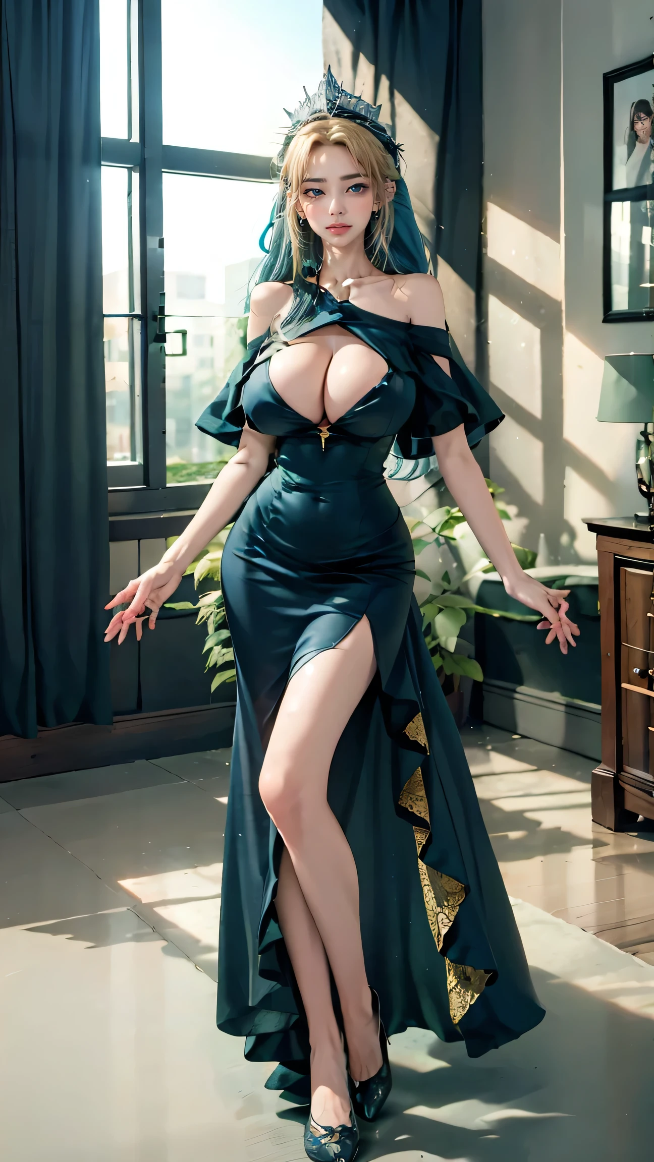 Best quality, masterpiece, ultra high res, raw photo, beautiful and aesthetic, deep shadow, fairy theme,(ultra detailed:1.3),
1girl, standing pose, headdress, (beautiful face, detailed eye:1.2), embarrassed, drill hair, long hair, blonde hair, gradient hair, yellow eyes, solo, (busty breasts, gigantic breasts:1.1), big hair, blue hair, divine goddess, looking at viewer, indoors, luxurious bedroom, room full of curtain, astraea, full body, dress,