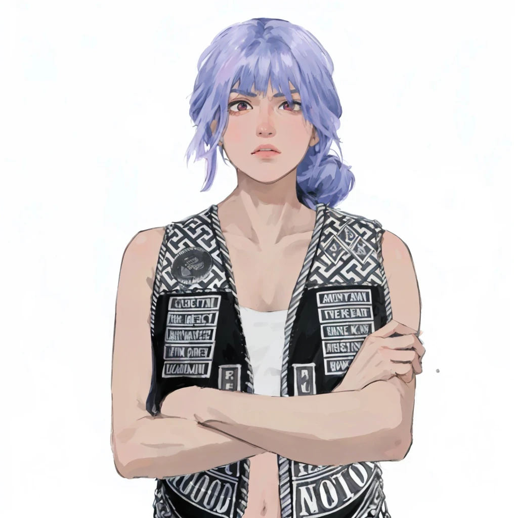 (masterpiece:1.2, best quality), (1girl, solo, upper body:1.2),angry face,Hair: buzz cut, Clothing: oversized, distressed denim jacket with patches and pins, paired with black skinny jeans and combat boots, Hanging out in an underground music venue or street art exhibit