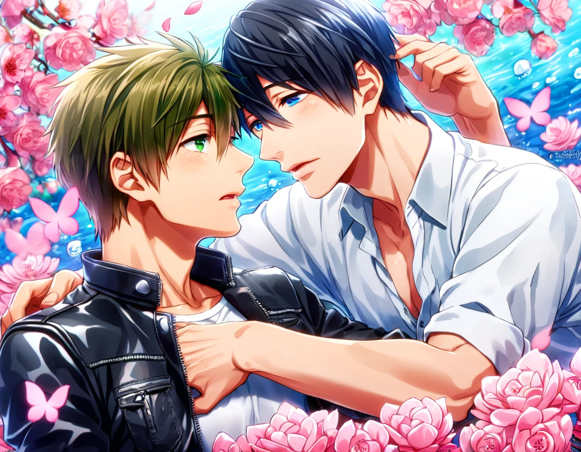 absurdres, highres, ultra detailed, HDR, master piece, best quality, Nanase Haruka, black hair, expressive blue eyes, Free!, Tachibana Makoto, brown hair, expressive green eyes, two sexy men together, gay couple, yaoi, handsome, black leather jacket, white shirt, fantasy, shining, water, pink flowers, pink blossoms, pink butterflies, pink petals