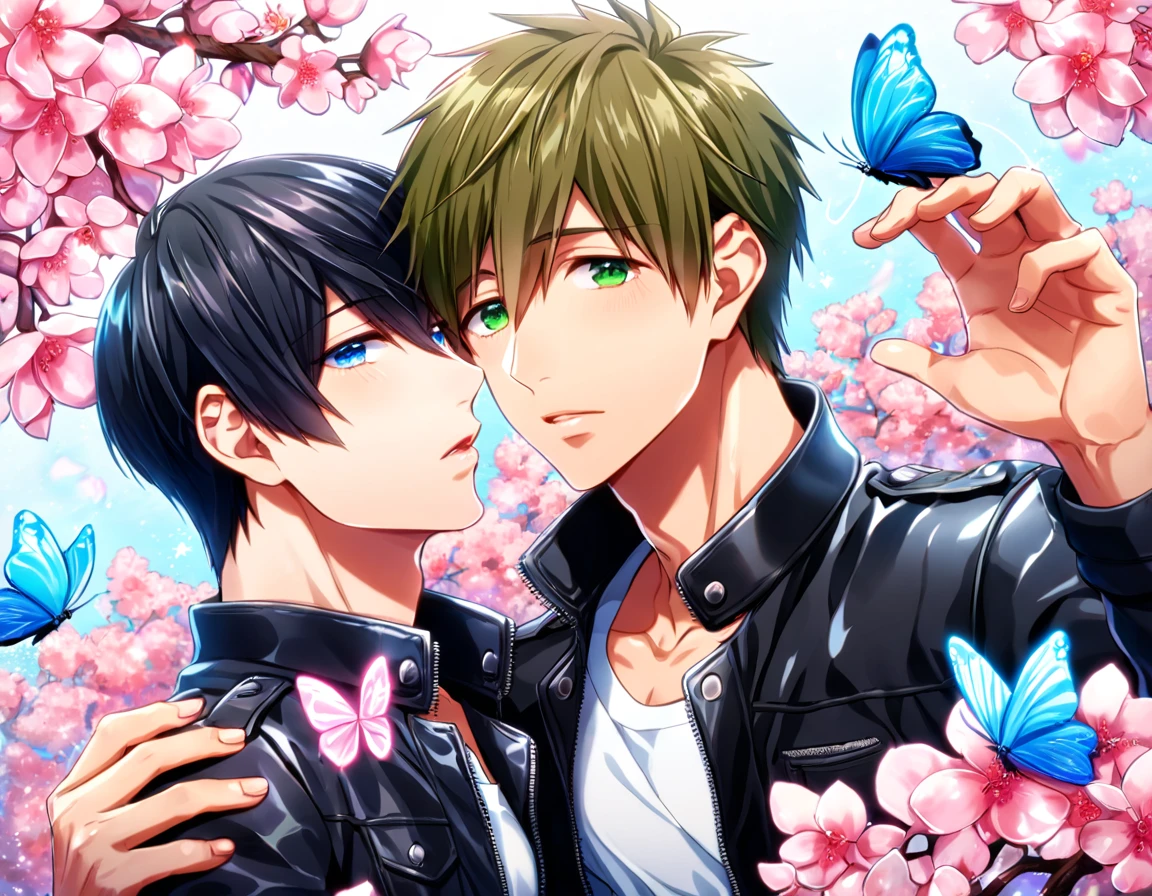 absurdres, highres, ultra detailed, HDR, master piece, best quality, Nanase Haruka, black hair, expressive blue eyes, Free!, Tachibana Makoto, brown hair, expressive green eyes, two sexy men together, gay couple, yaoi, handsome, black leather jacket, white shirt, fantasy, shining, water, pink flowers, pink blossoms, pink butterflies, pink petals