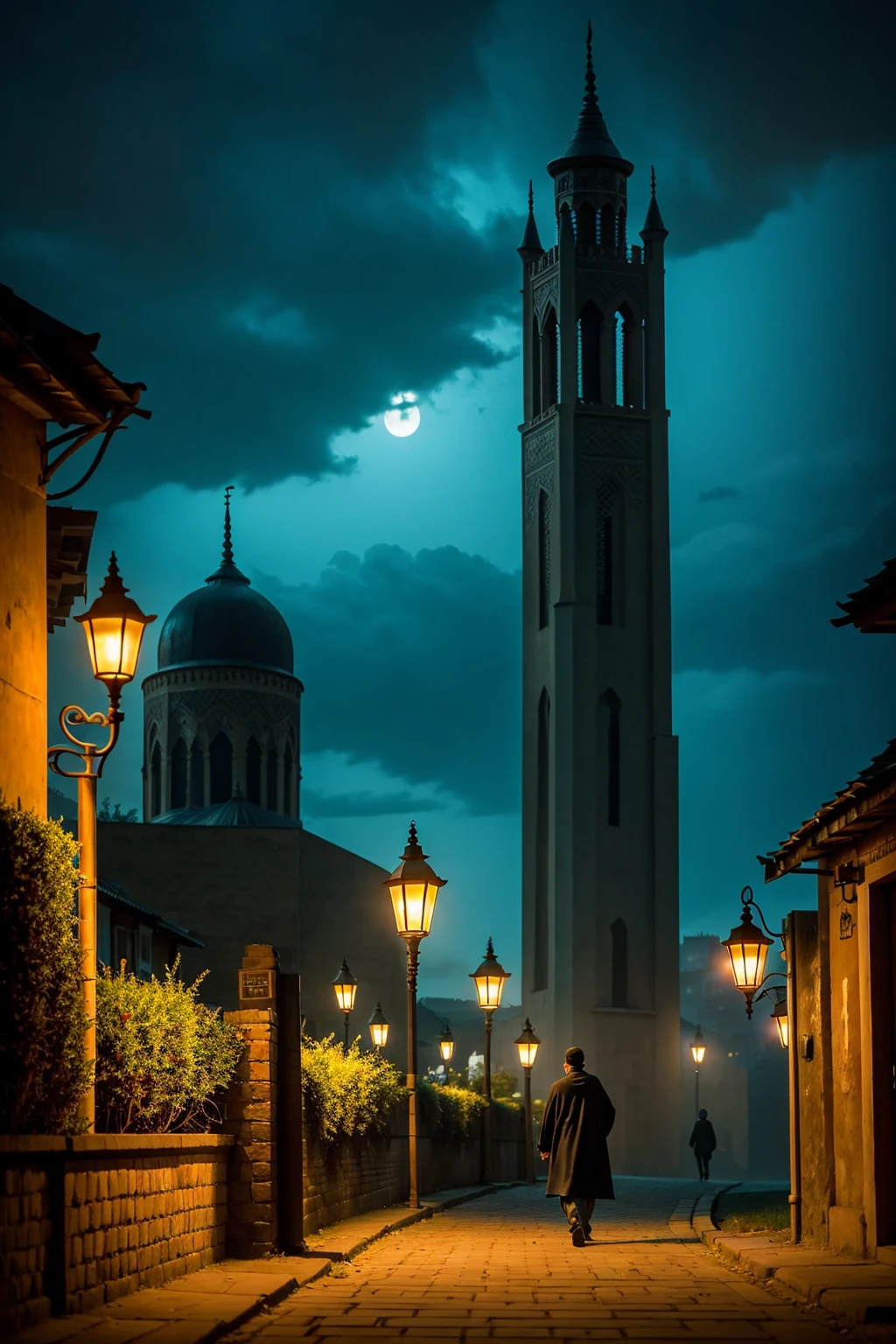 arafed man walking with lantern in hand on a path in front of a mosque, matte painting portrait shot, inspired by Amir Zand, realistic fantasy photography, in matte painting, hero pose colorful city lighting, inspired by Ismail Acar, max rive, inspired by irakli nadar, maya ali as a d&d sorcerer, harry potter in cyberpunk