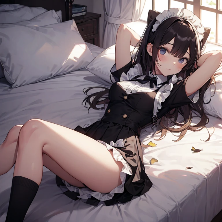 A maid, (in bedroom), various hair styles, night, details face, short skirt, seducing, sleeveless, maid uniform, armpits, laying on bed