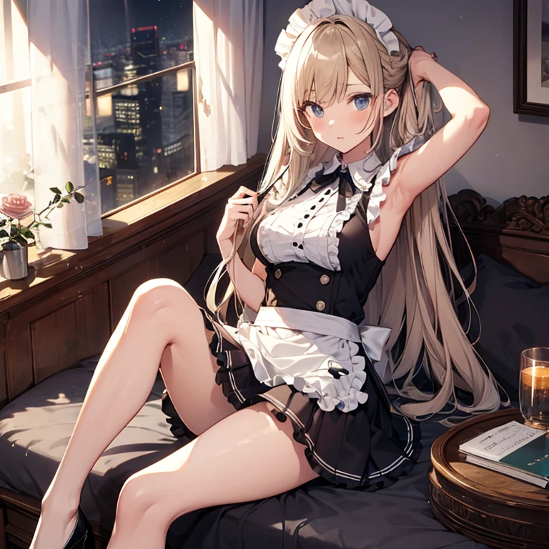 A maid, (in bedroom), various hair styles, night, details face, short skirt, seducing, sleeveless, maid uniform, armpits, laying on bed