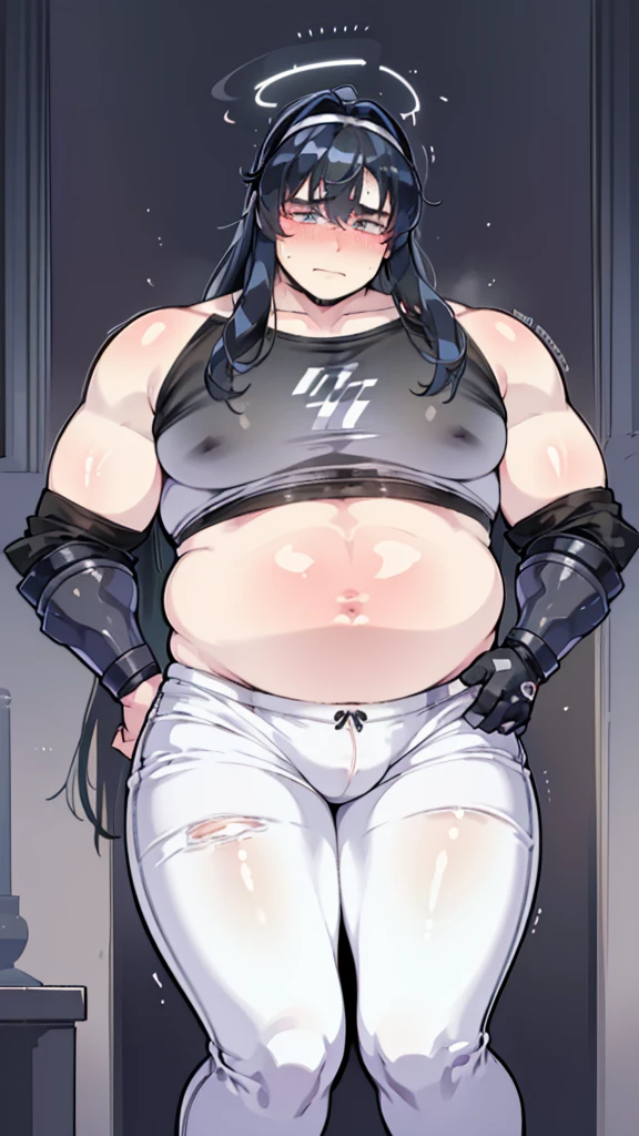 ((masterpiece, 4k quality, highly detailed)), cybernetic legs, visor, long hair, neon highlights, big belly, fat belly, ((android boy)), ((solo male)), exposed belly, blushing, sweating, ((sci-fi)), choker, cyberpunk clothes, skimpy clothes, soft skin, white metal, ((pants bulge, dick imprint, cock bulge)), ONE MALE, avoiding eye contact, awkward body language, ((belly focus)), ((anxious expression)), ((slightly muscular fat arms))