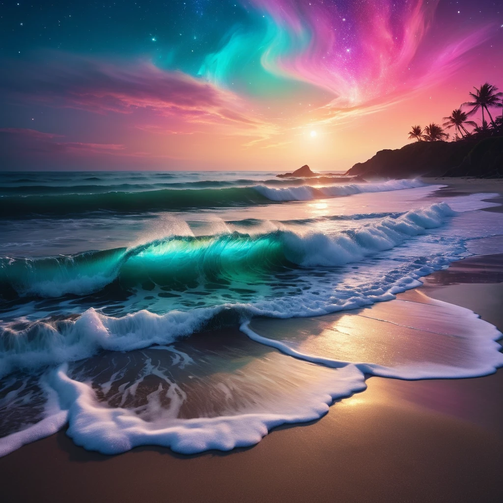 at night,Glowing waves hitting the beach, Bright colors、A charming scene with gentle movements, When you gaze into a charming eye that merges into the starry sky,A fascinating scene unfolds before your eyes, Dotted with nebulae and cosmic dust. The glow of the waves and the intricate details of the coastline, High resolution captures dreamlike surrealism, aesthetics, Capture the fleeting moment with a magical brushstroke, The beach landscape is illuminated by an otherworldly glow, Oil painting style tones and brushstrokes, Shot with Fujifilm XT3 and Plaubel Makina
