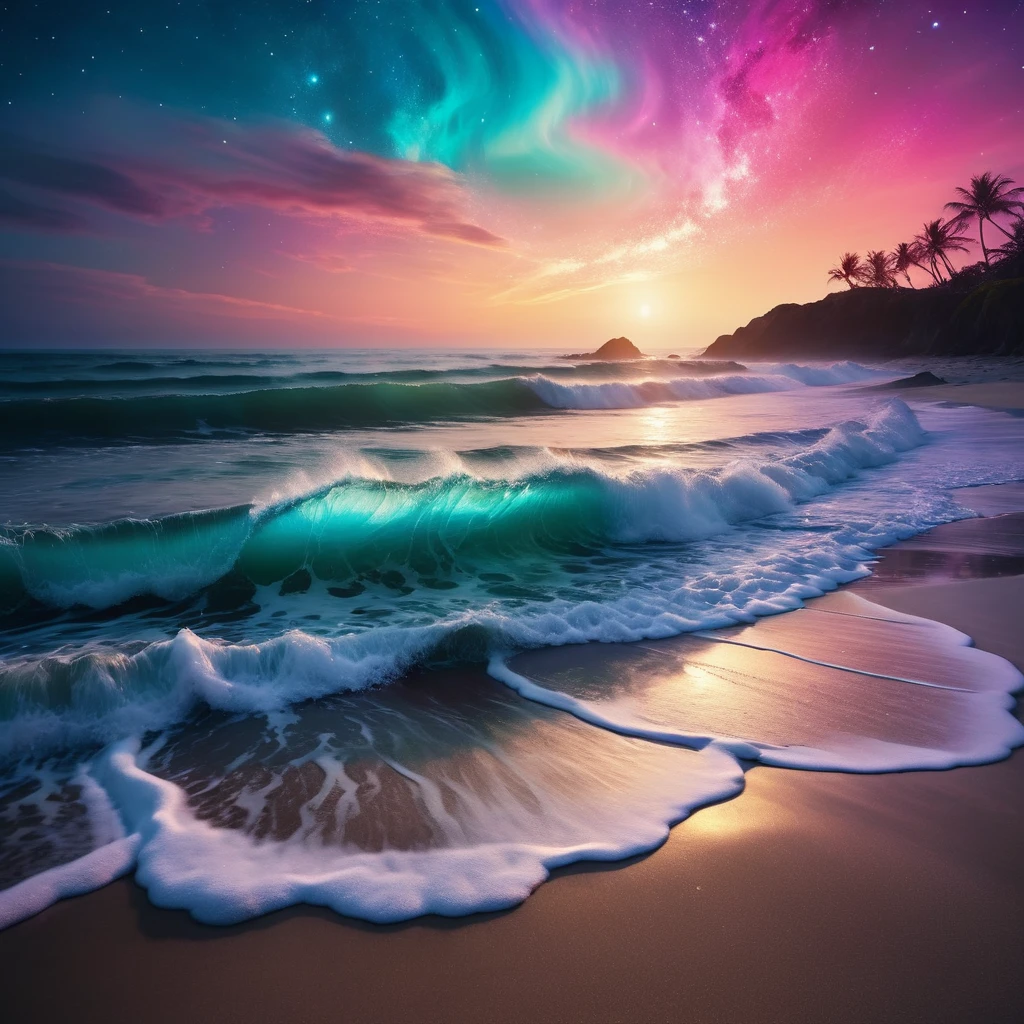 at night，Glowing waves hitting the beach, Bright colors、A charming scene with gentle movements, When you gaze into a charming eye that merges into the starry sky，A fascinating scene unfolds before your eyes, Dotted with nebulae and cosmic dust. The glow of the waves and the intricate details of the coastline, High resolution captures dreamlike surrealism, aesthetics, Capture the fleeting moment with a magical brushstroke, The beach landscape is illuminated by an otherworldly glow, Oil painting style tones and brushstrokes, Shot with Fujifilm XT3 and Plaubel Makina