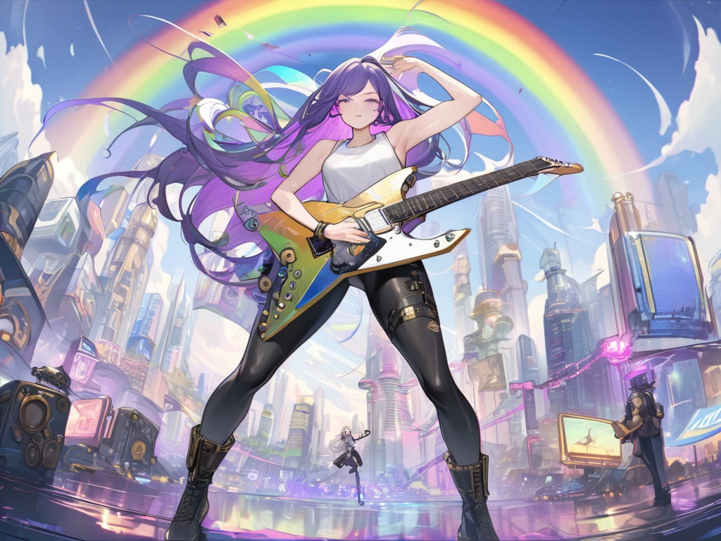 Highest quality, Super quality, 16K, Incredibly absurd, Very detailed, 2.5D, delicate and dynamic, Beautiful woman playing electric guitar, A cool guitar with a star-shaped gold-plated body, White tank top, black tight leather pants, Engineer boot, Tattoo, accessories, Captivating look, Best body shape, Charm Pose, Rainbow Hair, Iridescent, A kaleidoscope of stylish cityscapes, Combine steampunk, Clockpunk, Dieselpunk and Cyberpunk