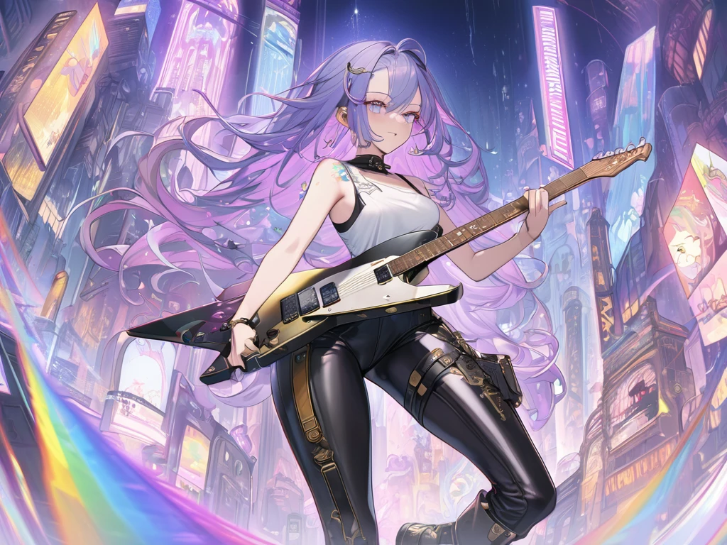 Highest quality, Super quality, 16K, Incredibly absurd, Very detailed, 2.5D, delicate and dynamic, Beautiful woman playing electric guitar, A cool guitar with a star-shaped gold-plated body, White tank top, black tight leather pants, Engineer boot, Tattoo, accessories, Captivating look, Best body shape, Charm Pose, Rainbow Hair, Iridescent, A kaleidoscope of stylish cityscapes, Combine steampunk, Clockpunk, Dieselpunk and Cyberpunk