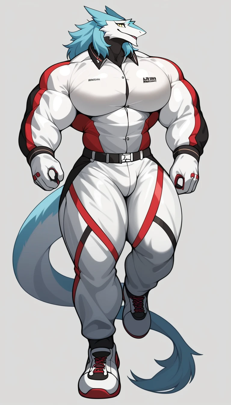 a giant white anthro sergal in a white full body racing suit, gigantic hyper bulge as big as his head. huge round pecs, slim torso, massive arms, big thick thighs, broad shoulders. in fututistic desert racin track. by darkgem
