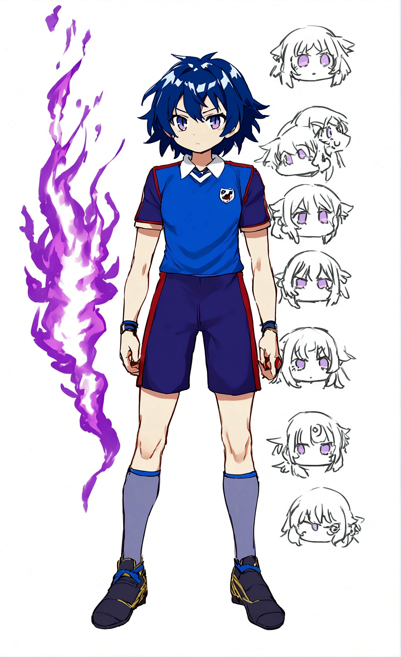 Football player, with purple and red uniform,dark purple hair,bright purple eyes,with magical purple fire.