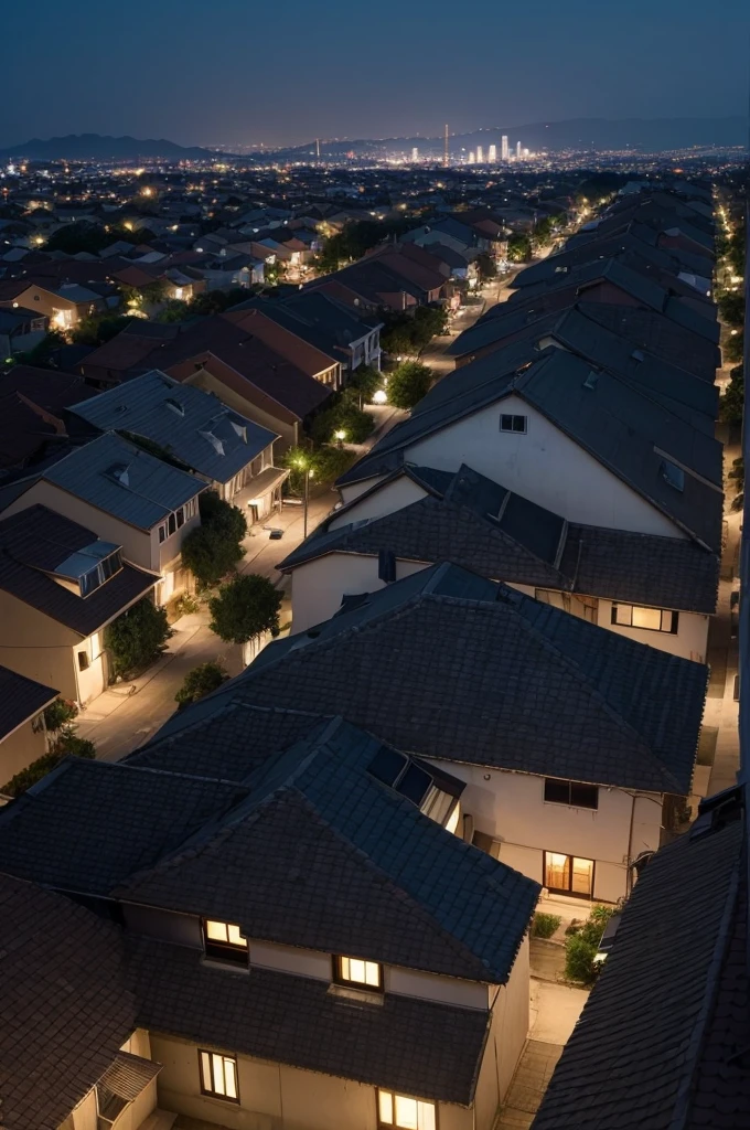 an unlit neighborhood with houses, and a man entering your house (photo taken from afar from the top of another house)