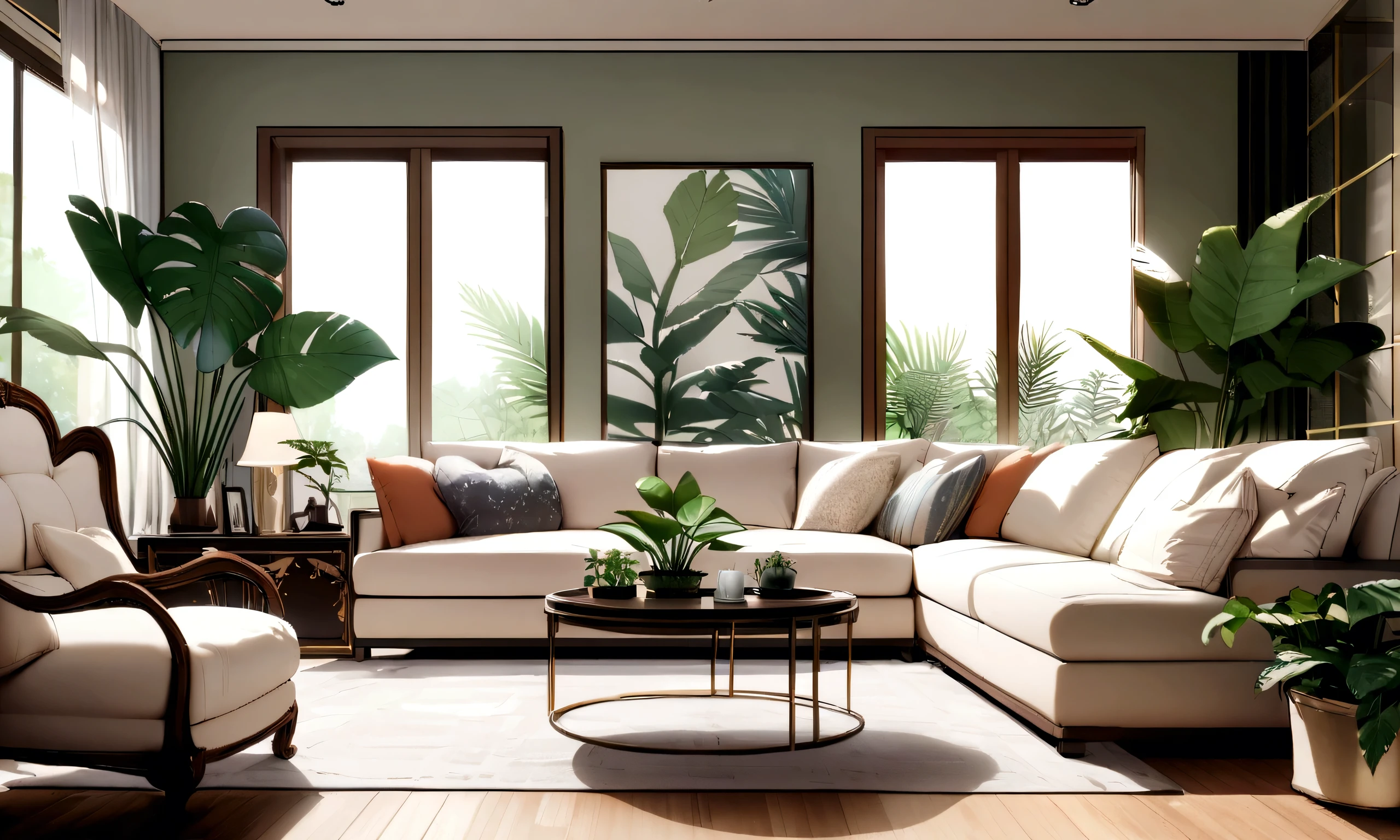 Large and bright living room，Carding、Minimalist style coffee table，There is a white Monstera pot