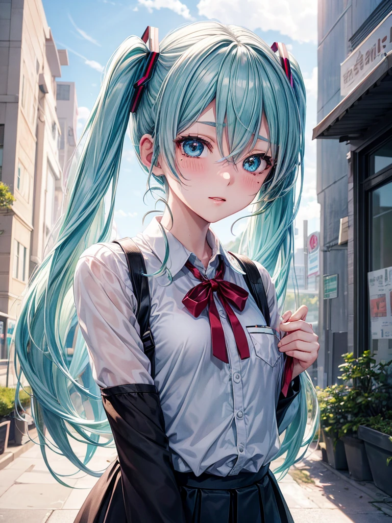 Hot Hatsune Miku、pfotorealistic, Highresolution, 1 woman, white-haired, Korean, Heterochromia eyes, Small moles under the eyes,outdoor, blush, school wear