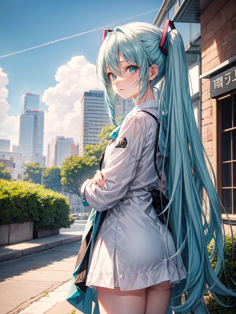 Hot Hatsune Miku、pfotorealistic, Highresolution, 1 woman, white-haired, Korean, Heterochromia eyes, Small moles under the eyes,outdoor, blush, school wear