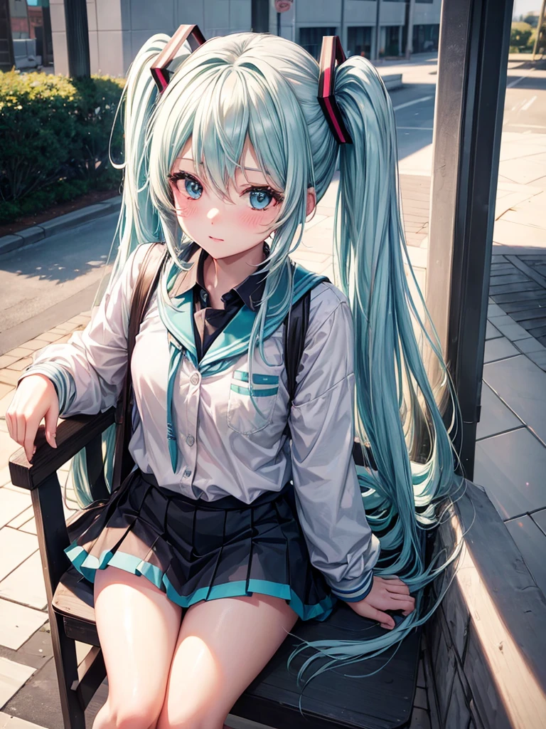 Hot Hatsune Miku、pfotorealistic, Highresolution, 1 woman, white-haired, Korean, Heterochromia eyes, Small moles under the eyes,outdoor,  blush, school wear
