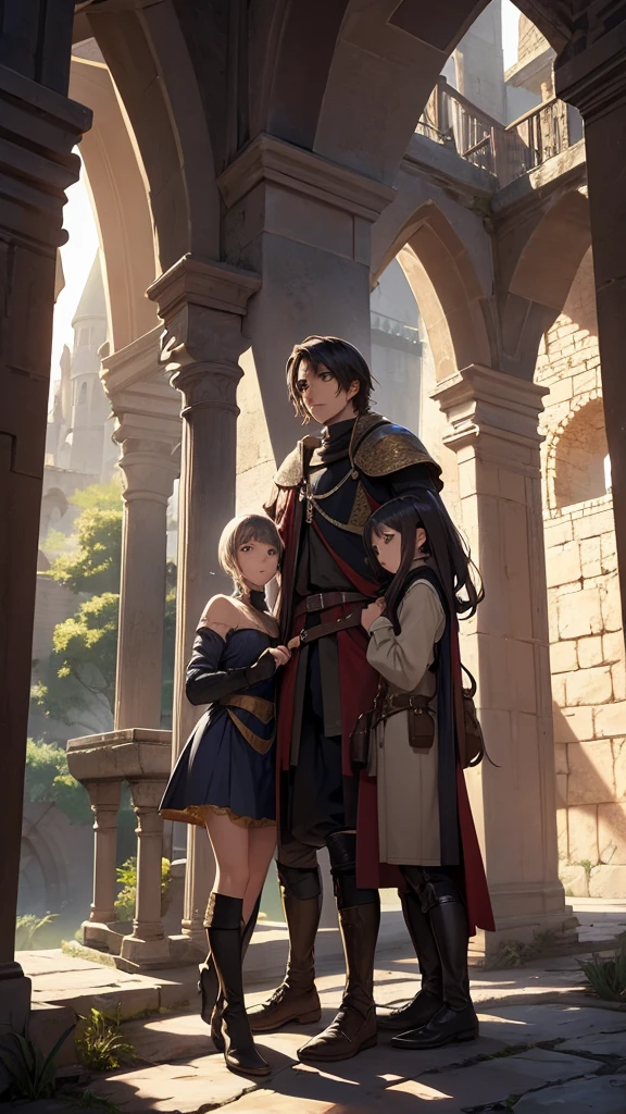 The three friends exploring the medieval fantasy world where they have just arrived