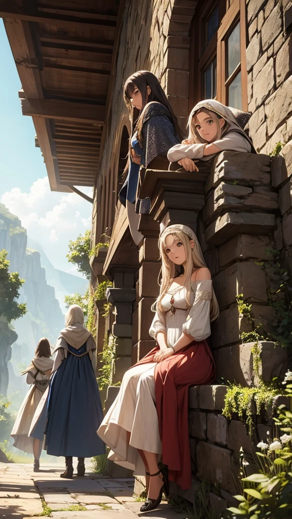 The three friends exploring the medieval fantasy world where they have just arrived