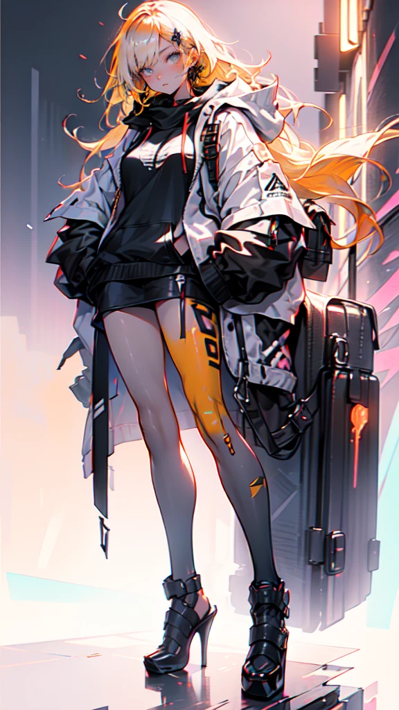 a girl with long yellow hair, blue eyes, wearing an orange hoodie and black heels, in a cyberpunk setting with her hand in her pocket, pink background