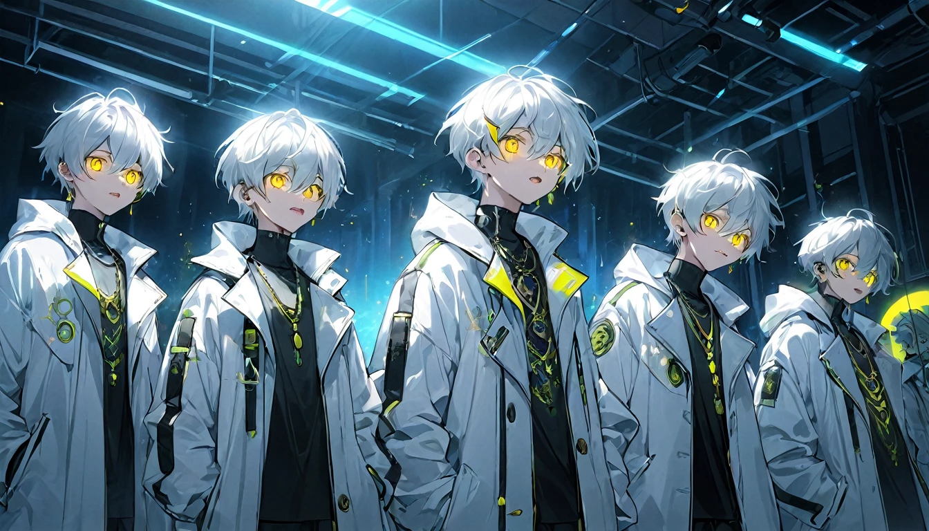 Boys singing in a band、whole body、cyber punk、Yellow Eyes、Glowing Eyes、White coat、Open coat、Teen