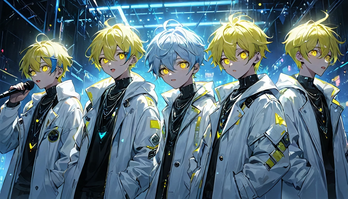 Boys singing in a band、whole body、cyber punk、Yellow Eyes、Glowing Eyes、White coat、Open coat、